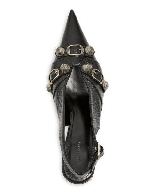 BALENCIAGA Womens Black Studded Buckle Accent Straps Padded Cagole Pointed Toe Stiletto Buckle Leather Dress Slingback 37