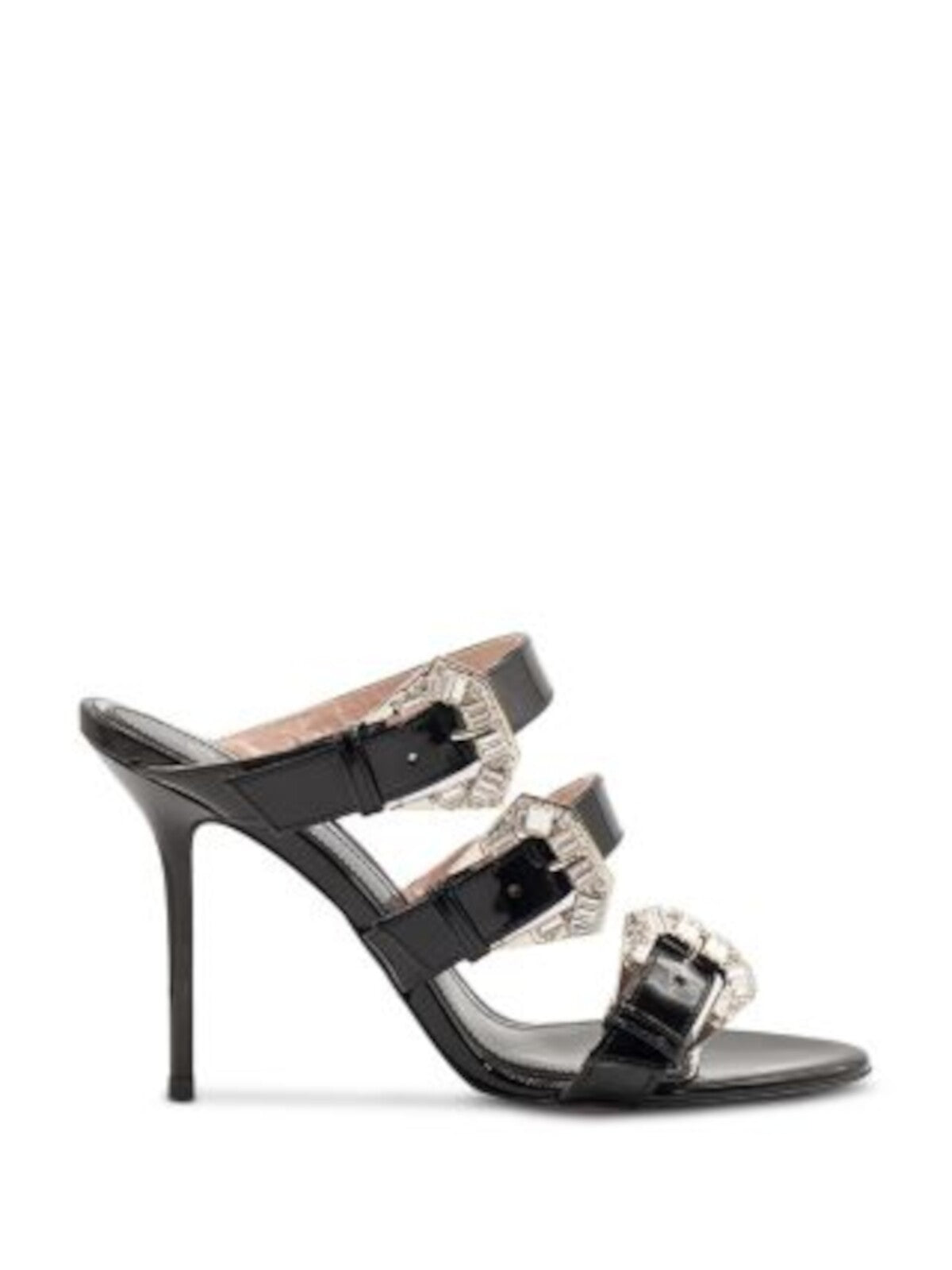 GEDEBE Womens Black Embellished Buckle Accent Padded Adjustable Padded Bruna Open Toe Stiletto Slip On Leather Dress Heeled Sandal 38.5
