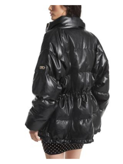 MICHAEL MICHAEL KORS Womens Black Zippered Pocketed Logo Buttons Cinch Waist Logo Ha Puffer Winter Jacket Coat XXS