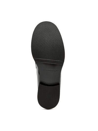 LA CANADIENNE Womens Black Chain Accent Strap Notched Padded Dalilah Almond Toe Block Heel Slip On Leather Dress Loafers Shoes