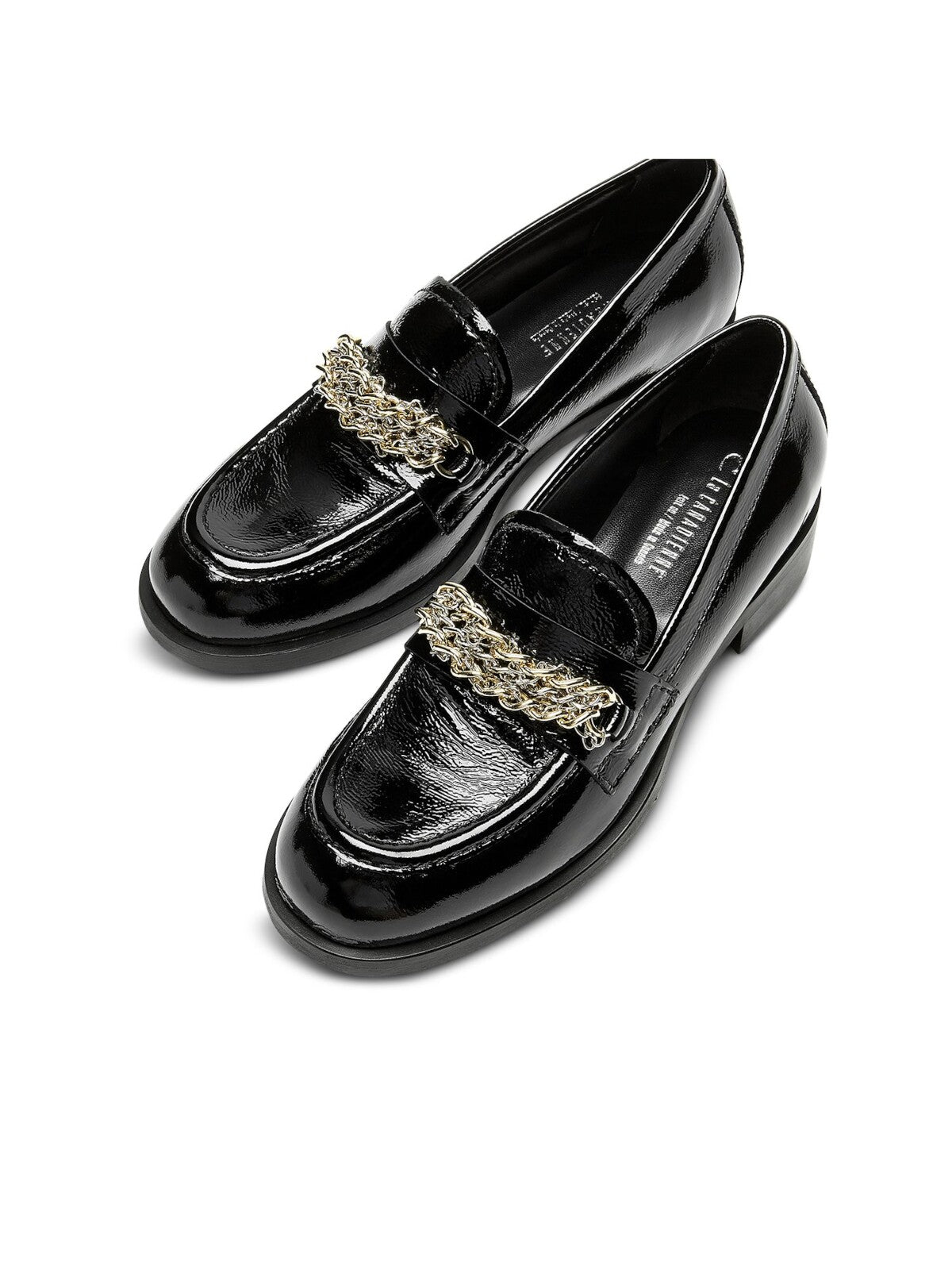 LA CANADIENNE Womens Black Chain Accent Strap Notched Padded Dalilah Almond Toe Block Heel Slip On Leather Dress Loafers Shoes 9.5
