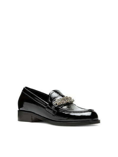 LA CANADIENNE Womens Black Chain Accent Strap Notched Padded Dalilah Almond Toe Block Heel Slip On Leather Dress Loafers Shoes 9.5