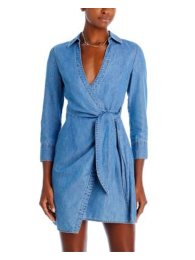 VERONICA BEARD Womens Blue Tie Envelope Hem 3/4 Sleeve Surplice Neckline Short Wrap Dress 0