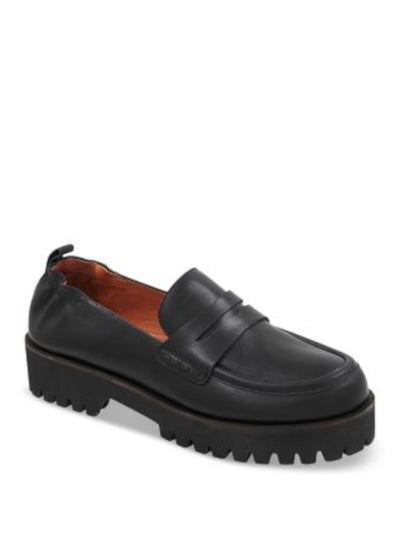 ANDRE ASSOUS Womens Black Penny Keeper Stretch Heel Back Pull-Tab Lug Sole Padded River Almond Toe Block Heel Slip On Leather Loafers Shoes 9.5