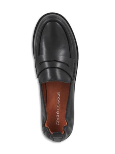ANDRE ASSOUS Womens Black Penny Keeper Stretch Heel Back Pull-Tab Lug Sole Padded River Almond Toe Block Heel Slip On Leather Loafers Shoes 9.5