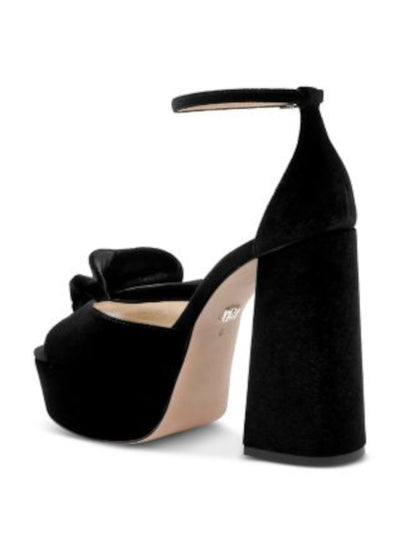 BADGLEY MISCHKA Womens Black 1-1/2" Platform Ruffled Accent Padded Zoelle Open Toe Flare Buckle Dress Heeled Sandal 9.5
