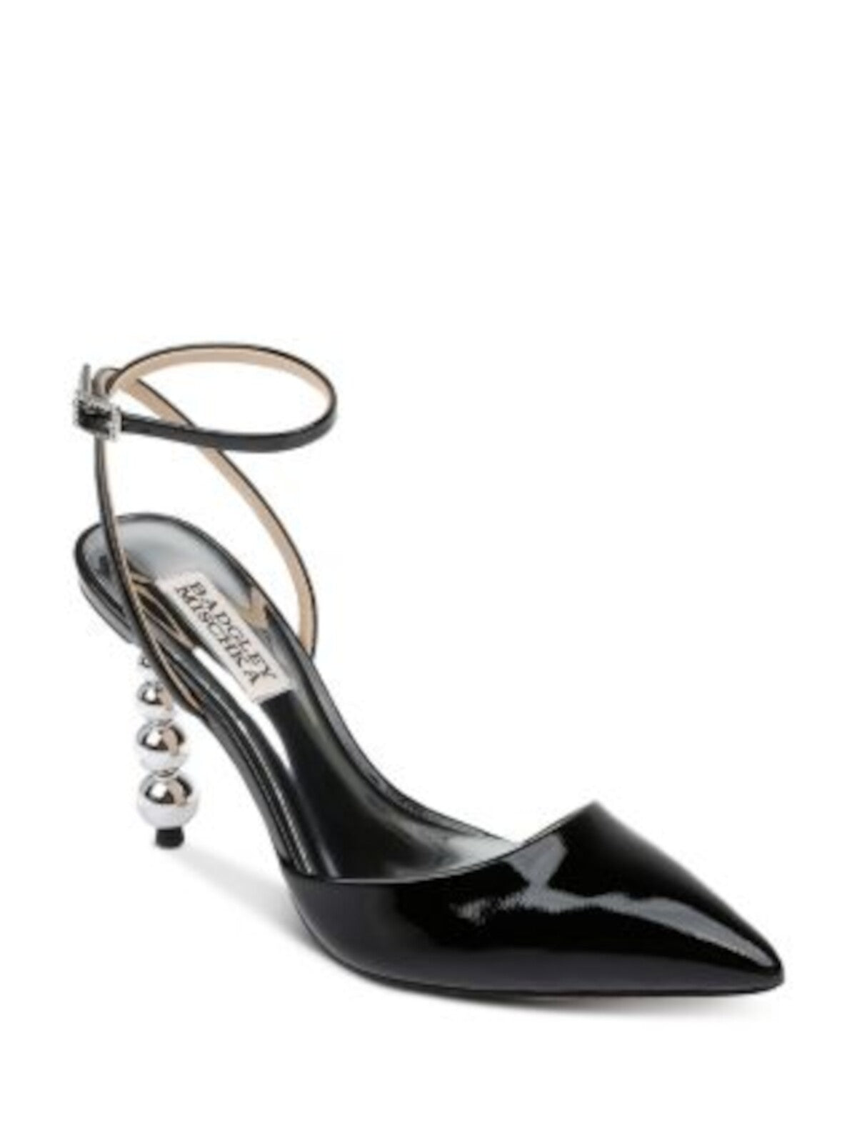 BADGLEY MISCHKA Womens Black Metallic Heel Ankle Strap Padded Indie Ii Pointed Toe Sculpted Heel Buckle Leather Dress Heels Shoes 5 M
