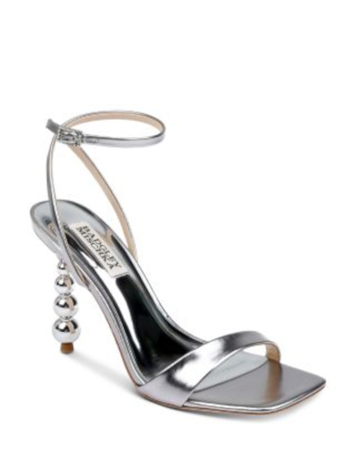 BADGLEY MISCHKA Womens Silver Embellished Buckle Padded Metallic Ankle Strap Ivette Ii Square Toe Sculpted Heel Buckle Leather Dress Heeled Sandal 9.5