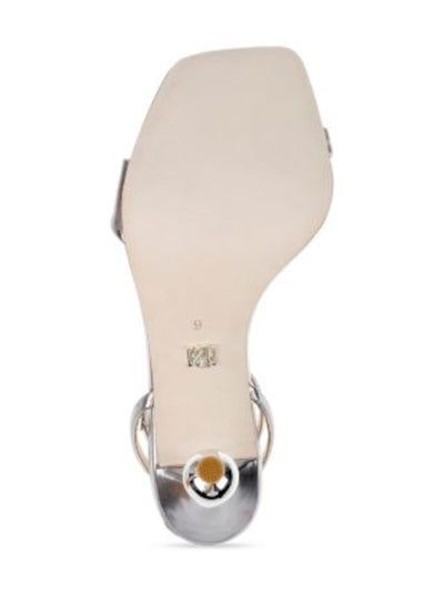 BADGLEY MISCHKA Womens Silver Embellished Buckle Padded Metallic Ankle Strap Ivette Ii Square Toe Sculpted Heel Buckle Leather Dress Heeled