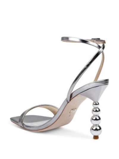 BADGLEY MISCHKA Womens Silver Embellished Buckle Padded Metallic Ankle Strap Ivette Ii Square Toe Sculpted Heel Buckle Leather Dress Heeled Sandal 9.5