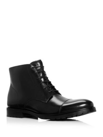 THE MENS STORE Mens Black Traction Sole Cushioned Cap Toe Block Heel Lace-Up Leather Boots Shoes 13