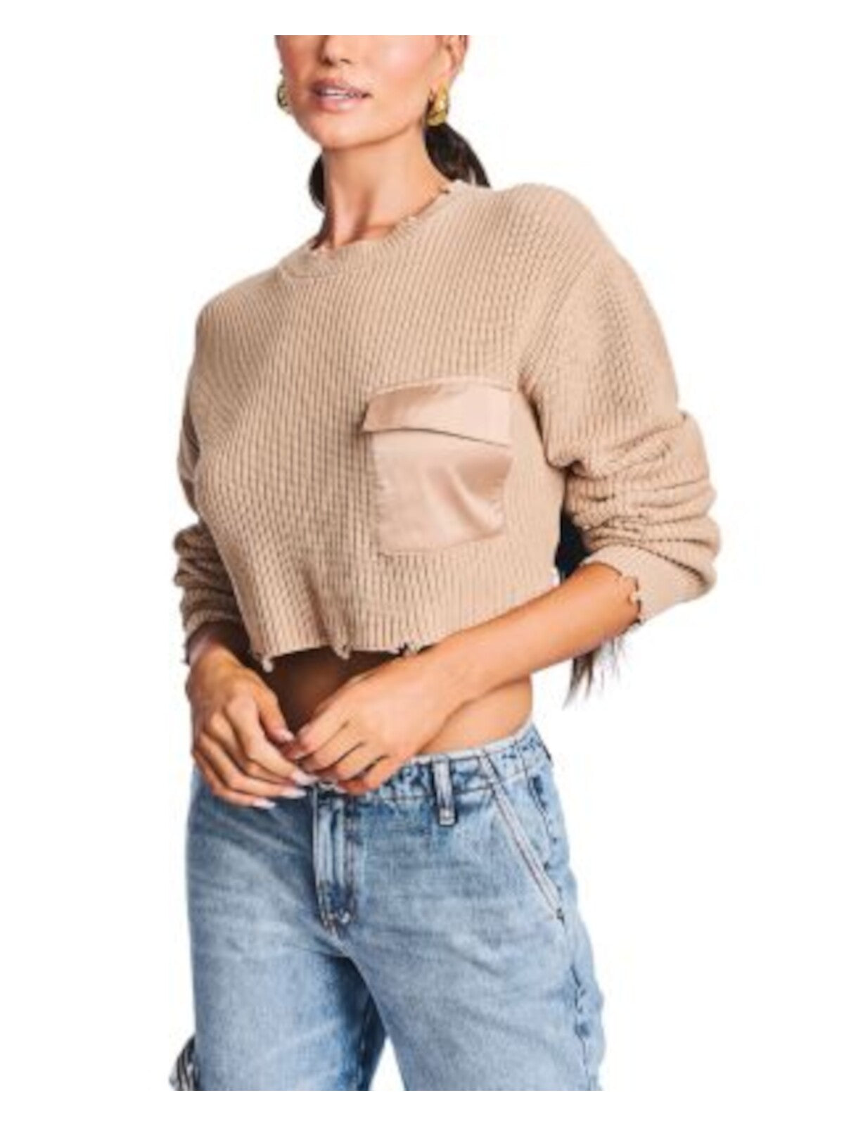 SER.O.YA Womens Beige Pocketed Distressed Long Sleeve Crew Neck Crop Top Sweater M