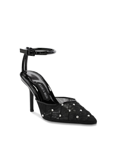 JESSICA RICH Womens Black Mixed Media Breathable Ankle Strap Rhinestone Amora Pointed Toe Stiletto Buckle Dress Slingback 40