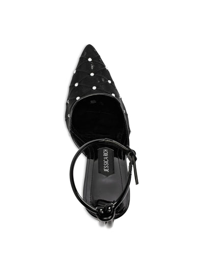 JESSICA RICH Womens Black Mixed Media Breathable Ankle Strap Rhinestone Amora Pointed Toe Stiletto Buckle Dress Slingback 40