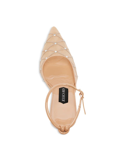 JESSICA RICH Womens Beige Mixed Media Breathable Padded Ankle Strap Rhinestone Amora Pointed Toe Stiletto Buckle Dress Slingback 38