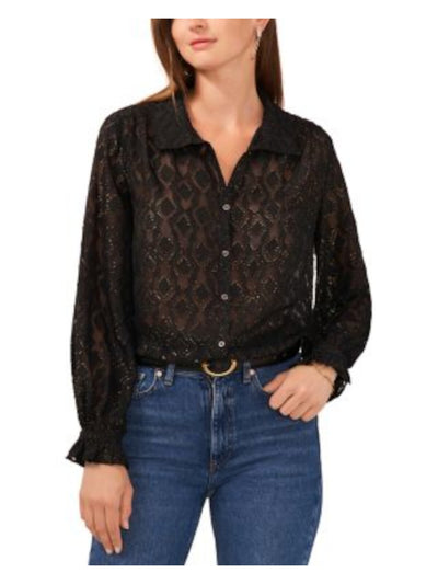 VINCE CAMUTO Womens Black Metallic Sheer Button Front Ruffled Cuffs Long Sleeve Collared Blouse XXS