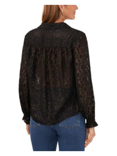 VINCE CAMUTO Womens Black Metallic Sheer Button Front Ruffled Cuffs Long Sleeve Collared Blouse XXS