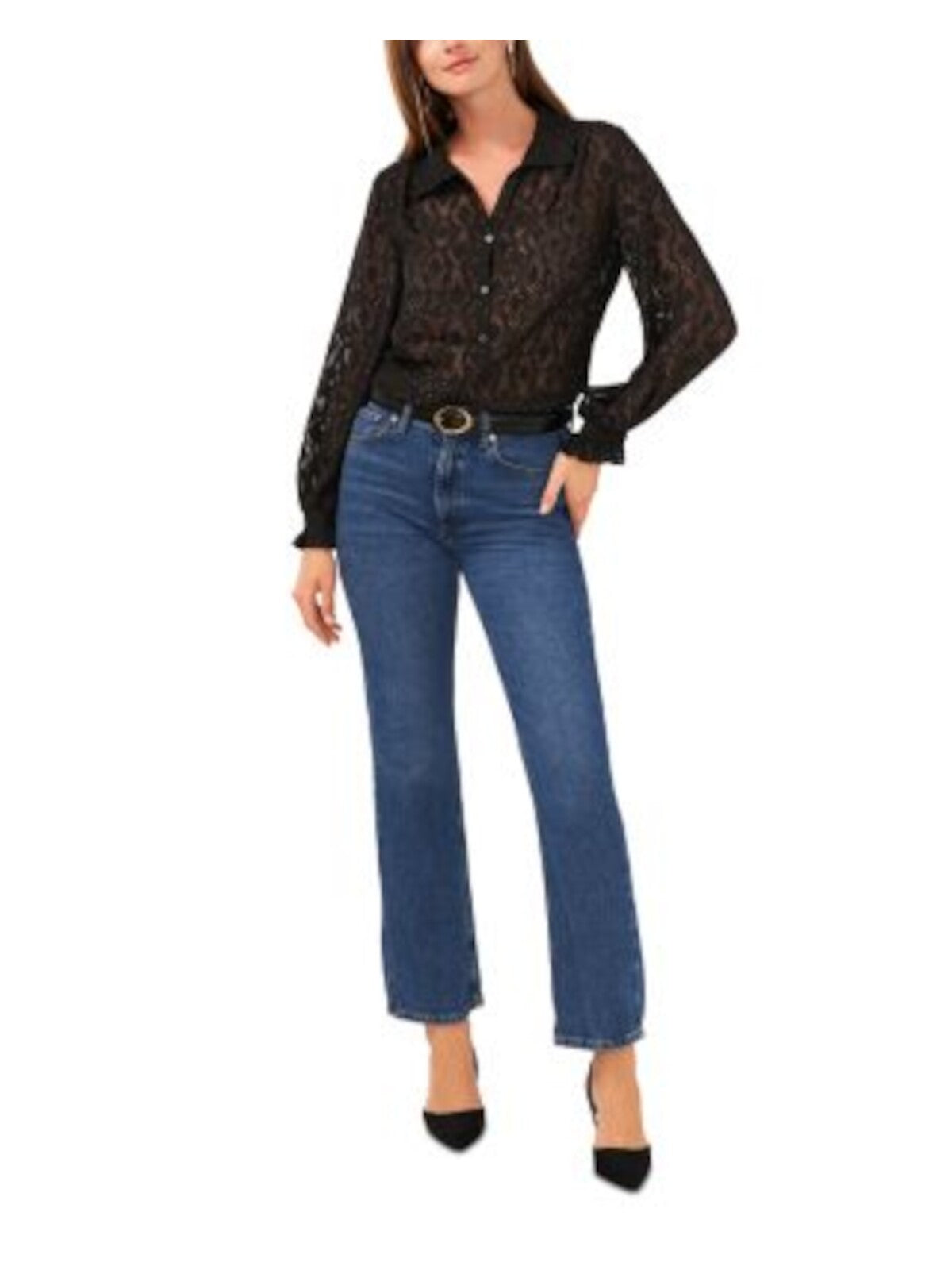 VINCE CAMUTO Womens Black Metallic Sheer Button Front Ruffled Cuffs Long Sleeve Collared Blouse XXS
