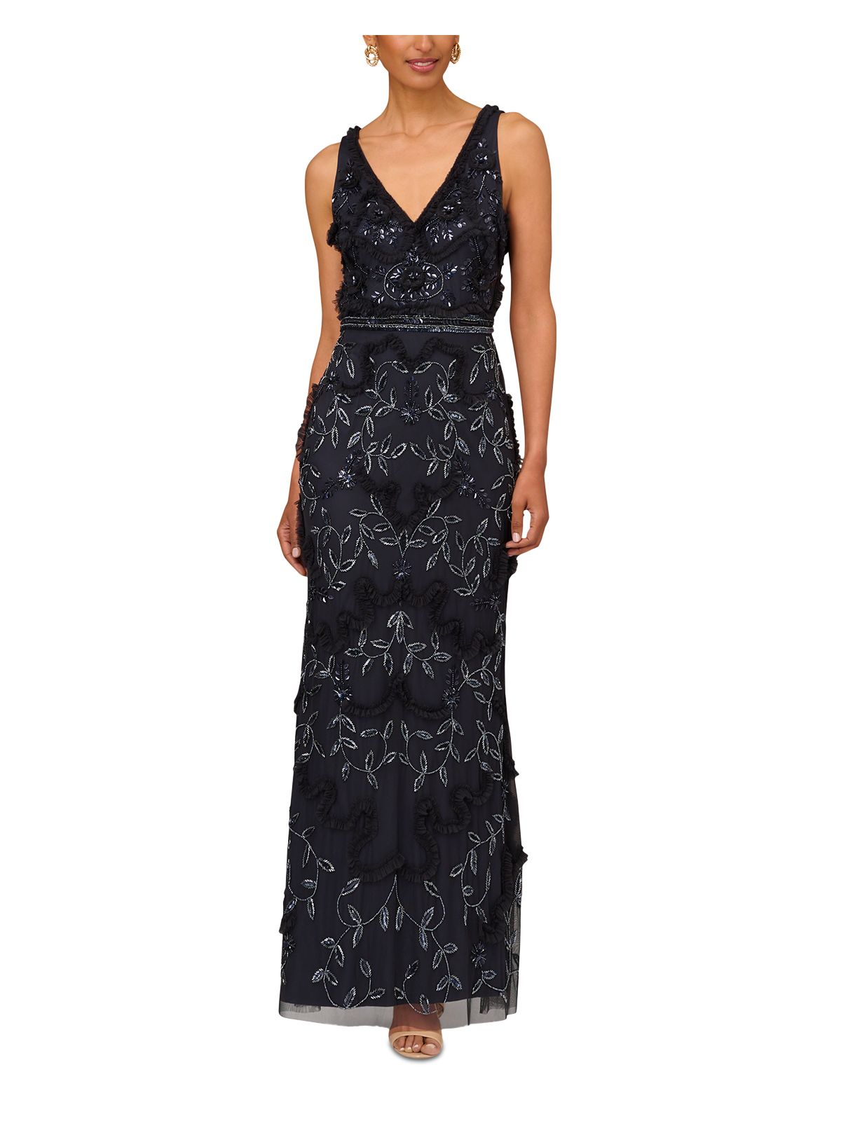 AIDAN MATTOX Womens Navy Beaded Zippered Mini-ruffle 3d Rosettes Lined Sleeveless V Neck Full-Length Evening Gown Dress 2
