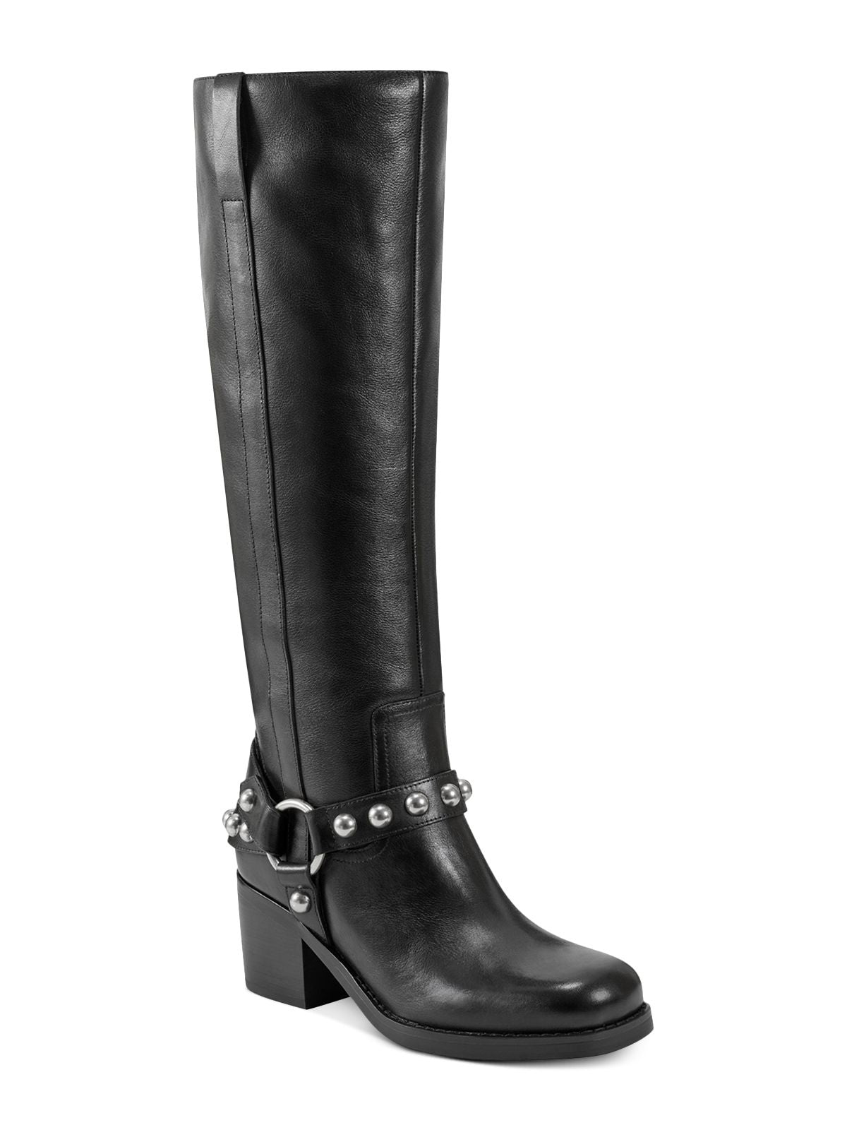 MARC FISHER LTD Womens Black Harnes Ankle Strap Dual Pull-Tabs Padded Studded Goring Ofida Square Toe Block Heel Leather Riding Boot 6.5 M