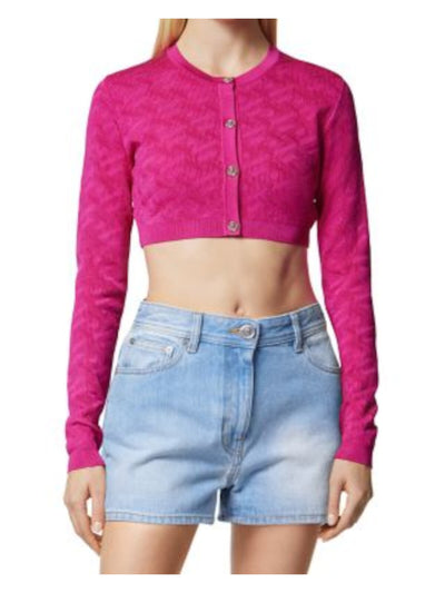 VERSACE Womens Pink Long Sleeve Round Neck Crop Top Cardigan 42