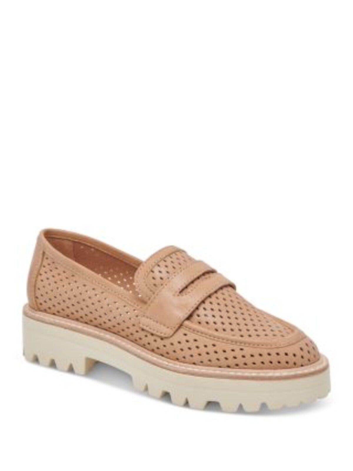DOLCE VITA Womens Beige Color Block 1" Platform Penny Keeper Perforated Lug Sole Malila Round Toe Block Heel Slip On Leather Loafers Shoes 9