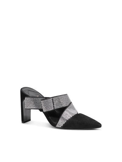 KATE SPADE NEW YORK Womens Black Mixed Media Rhinestone Padded Bianca Pointed Toe Block Heel Slip On Leather Dress Pumps Shoes 6 B