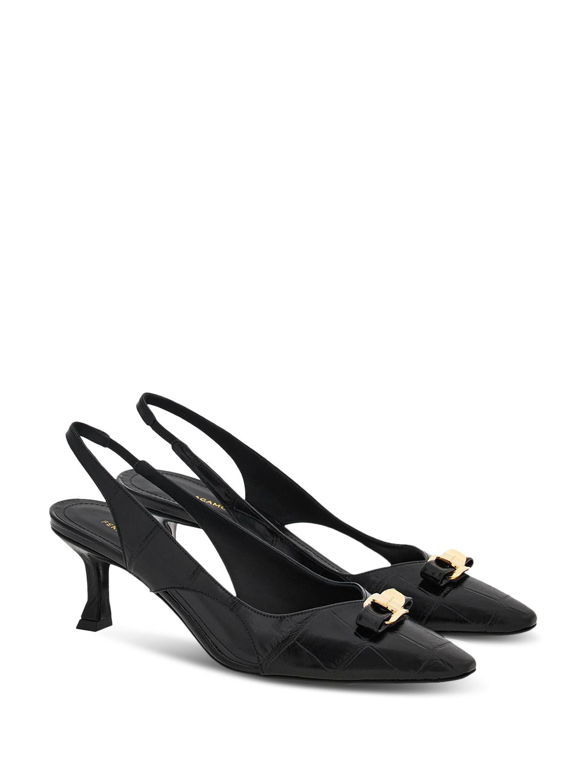FERRAGAMO Womens Black Solid Croc Embellished Logo Bow Accent Goring Padded Zarula Pointed Toe Flare Slip On Leather Slingback 7