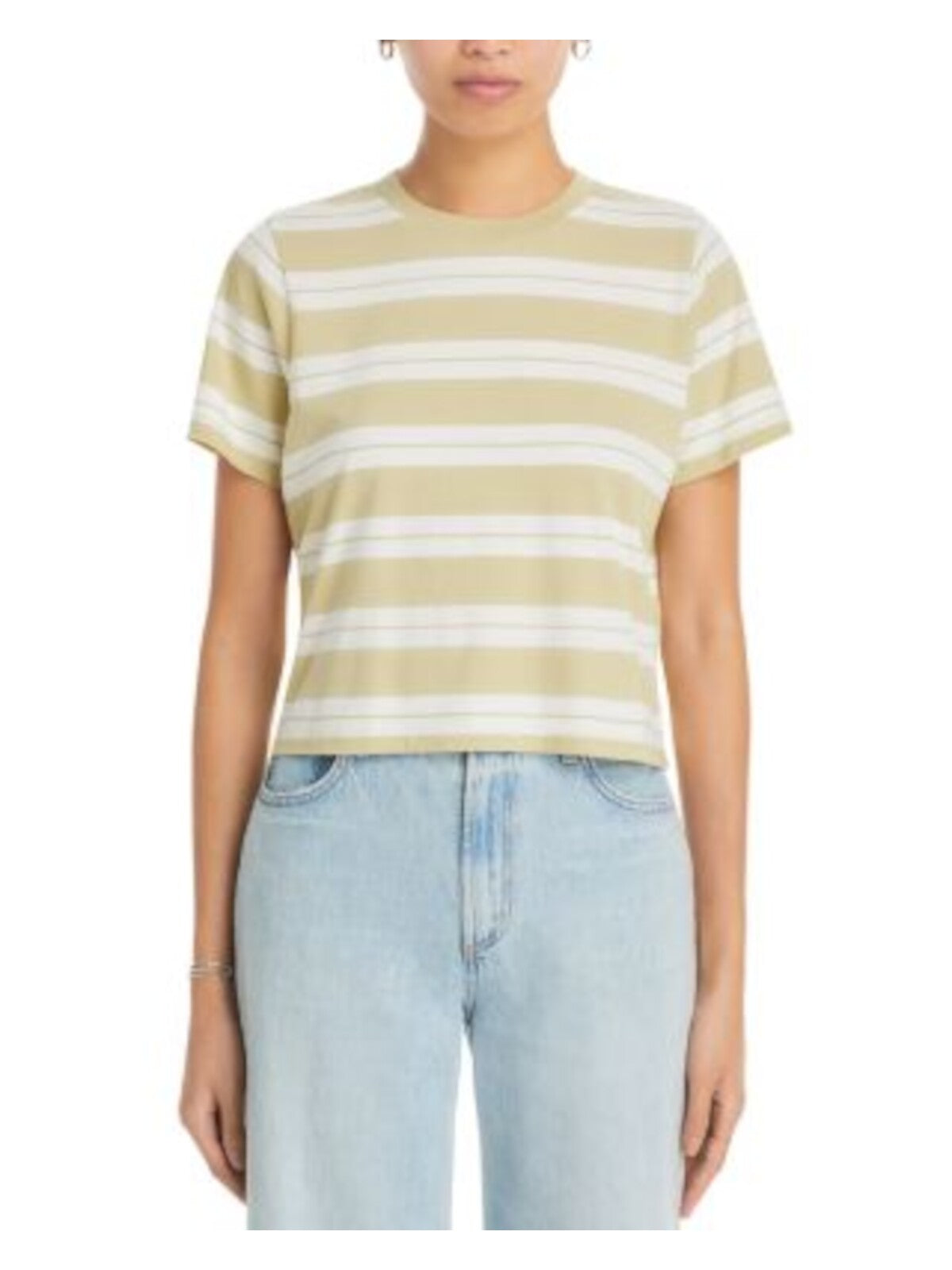 MADEWELL Womens Beige Short Length Pullover Striped Short Sleeve Crew Neck T-Shirt S