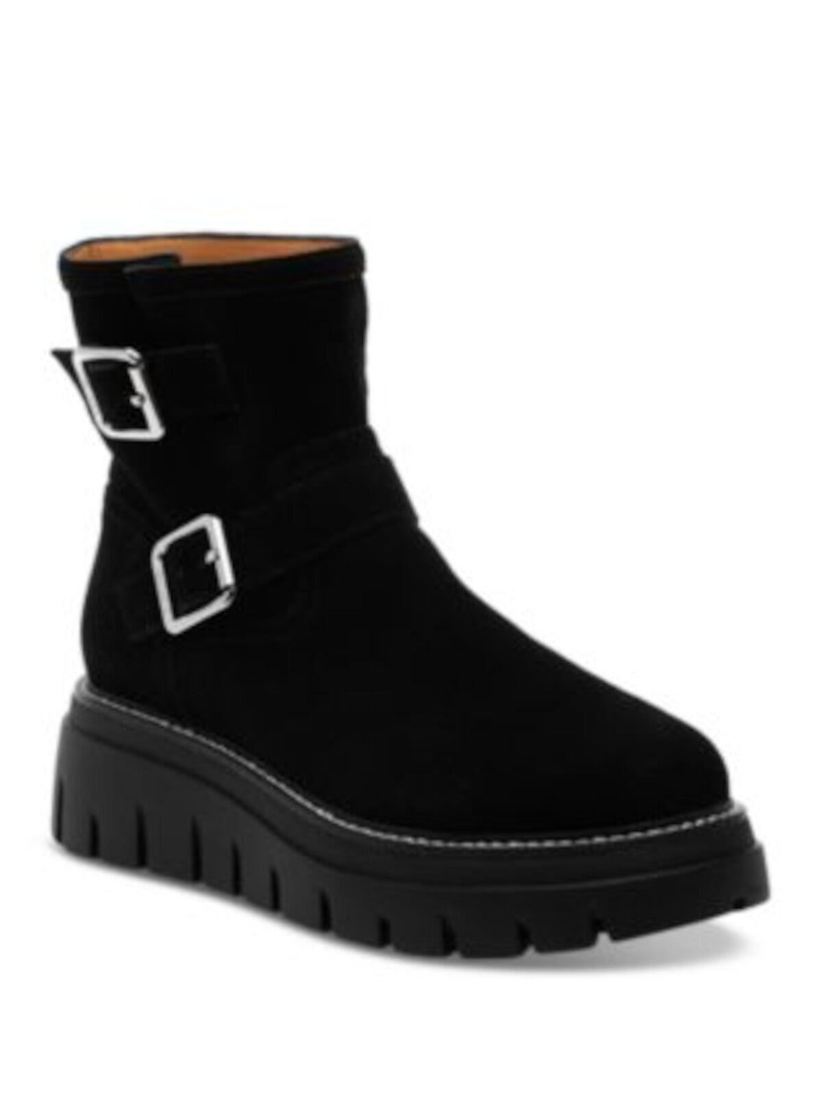 J SLIDES Womens Black Cushioned Buckle Accent Lug Sole Texas Round Toe Wedge Zip-Up Leather Moto 10 M