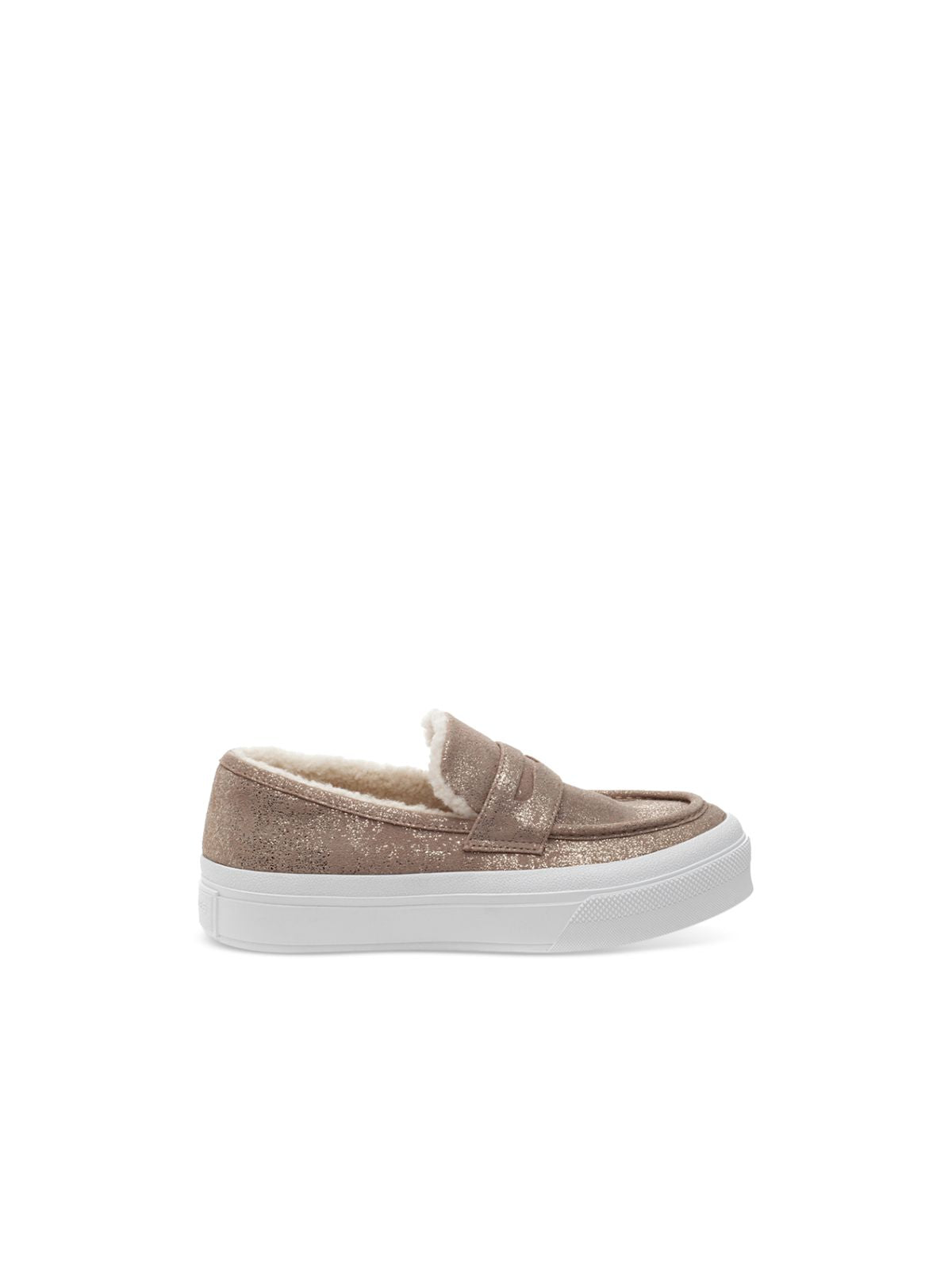 J SLIDES Womens Gold Gold Flake Penny Strap Notched Apron Toe Loafer Cushioned Removable Insole Giles Almond Toe Platform Slip On Leather Sneakers Shoes 7 M