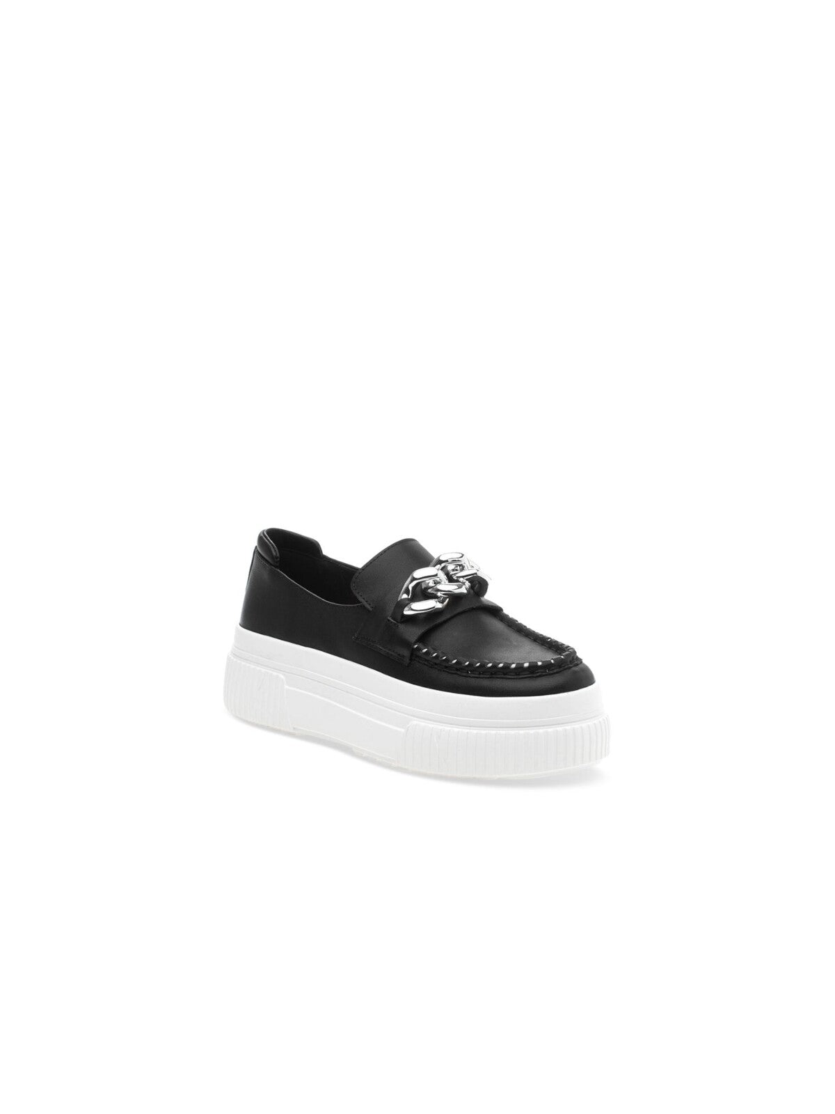J SLIDES Womens Black Color Block 1-1/2" Platform Chain Accent Cushioned Removable Insole Willa Round Toe Wedge Slip On Leather Loafers Shoes 6.5 M