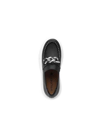 J SLIDES Womens Black Color Block 1-1/2" Platform Chain Accent Cushioned Removable Insole Willa Round Toe Wedge Slip On Leather Loafers Shoes 6.5 M