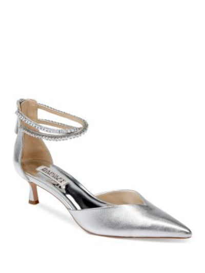 BADGLEY MISCHKA Womens Silver Embellished Ankle Strap Metallic Padded Lilibeth Pointed Toe Kitten Heel Zip-Up Leather Dress Pumps Shoes 6 M