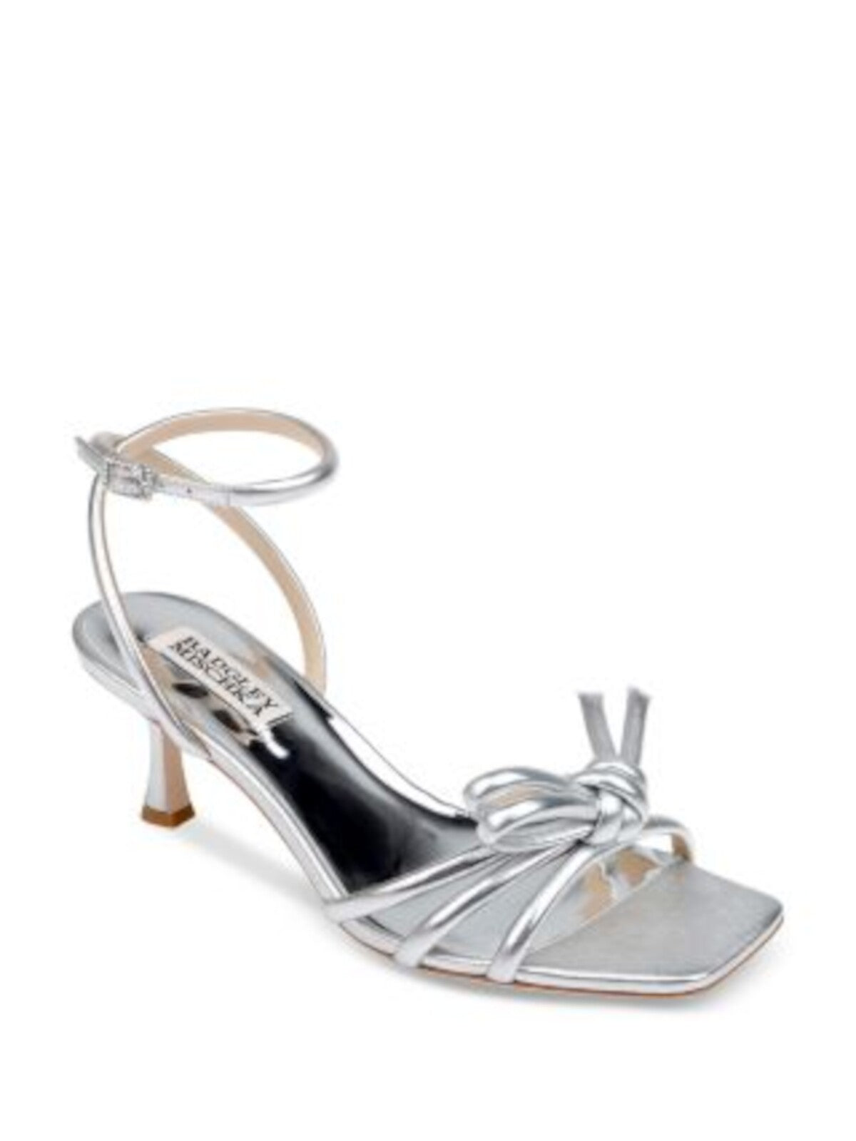 BADGLEY MISCHKA Womens Silver Metallic Padded Knotted Ankle Strap Strappy Loyalty Square Toe Flare Buckle Leather Dress Heeled Sandal 10 M