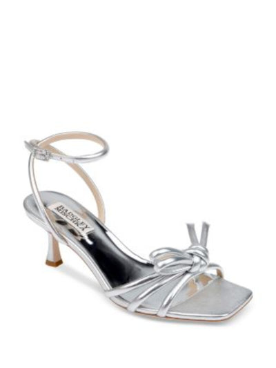 BADGLEY MISCHKA Womens Silver Metallic Padded Knotted Ankle Strap Strappy Loyalty Square Toe Flare Buckle Leather Dress Heeled Sandal 10 M