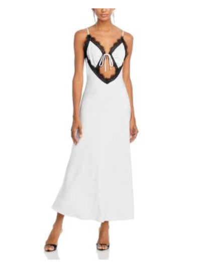 LUCY PARIS Womens White Zippered Lined Contrast Lace Trim Cutout Midrif Spaghetti Strap V Neck Maxi Evening Fit + Flare Dress S