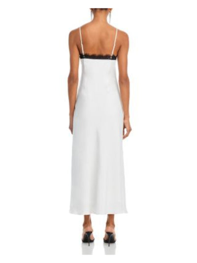 LUCY PARIS Womens White Zippered Lined Contrast Lace Trim Cutout Midrif Spaghetti Strap V Neck Maxi Evening Fit + Flare Dress S