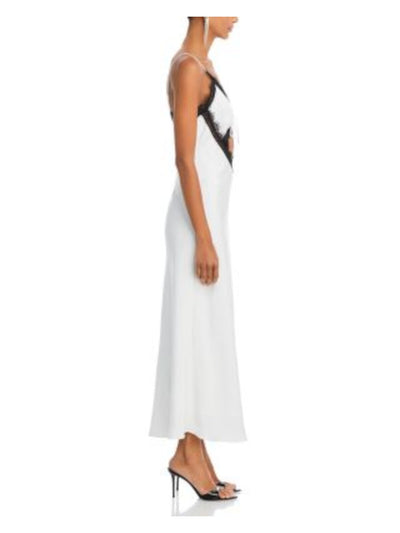 LUCY PARIS Womens White Zippered Lined Contrast Lace Trim Cutout Midrif Spaghetti Strap V Neck Maxi Evening Fit + Flare Dress S