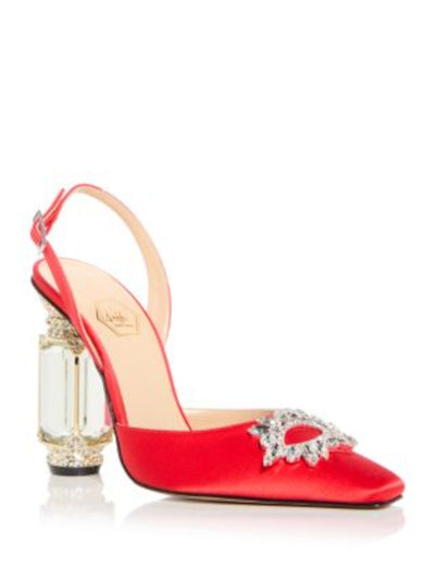 NALEBE Womens Red Rhinestone Embellished Hardware Mirror Heel Padded Aurum Square Toe Sculpted Heel Buckle Dress Slingback 40