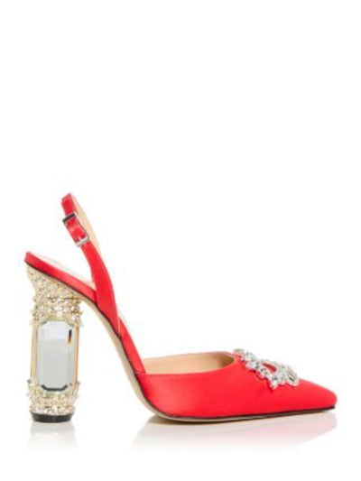NALEBE Womens Red Rhinestone Embellished Hardware Mirror Heel Padded Aurum Square Toe Sculpted Heel Buckle Dress Slingback 40