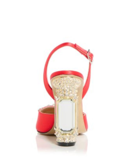 NALEBE Womens Red Rhinestone Embellished Hardware Mirror Heel Padded Aurum Square Toe Sculpted Heel Buckle Dress Slingback 40