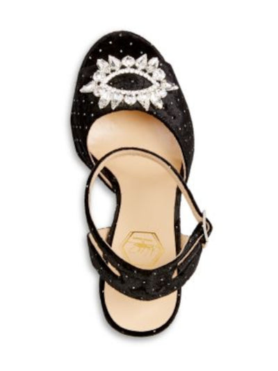 NALEBE Womens Black Speckled 2" Platform Glitter Padded Embellished Ankle Strap Upendi Peep Toe Block Heel Buckle Dress Heeled Sandal 40