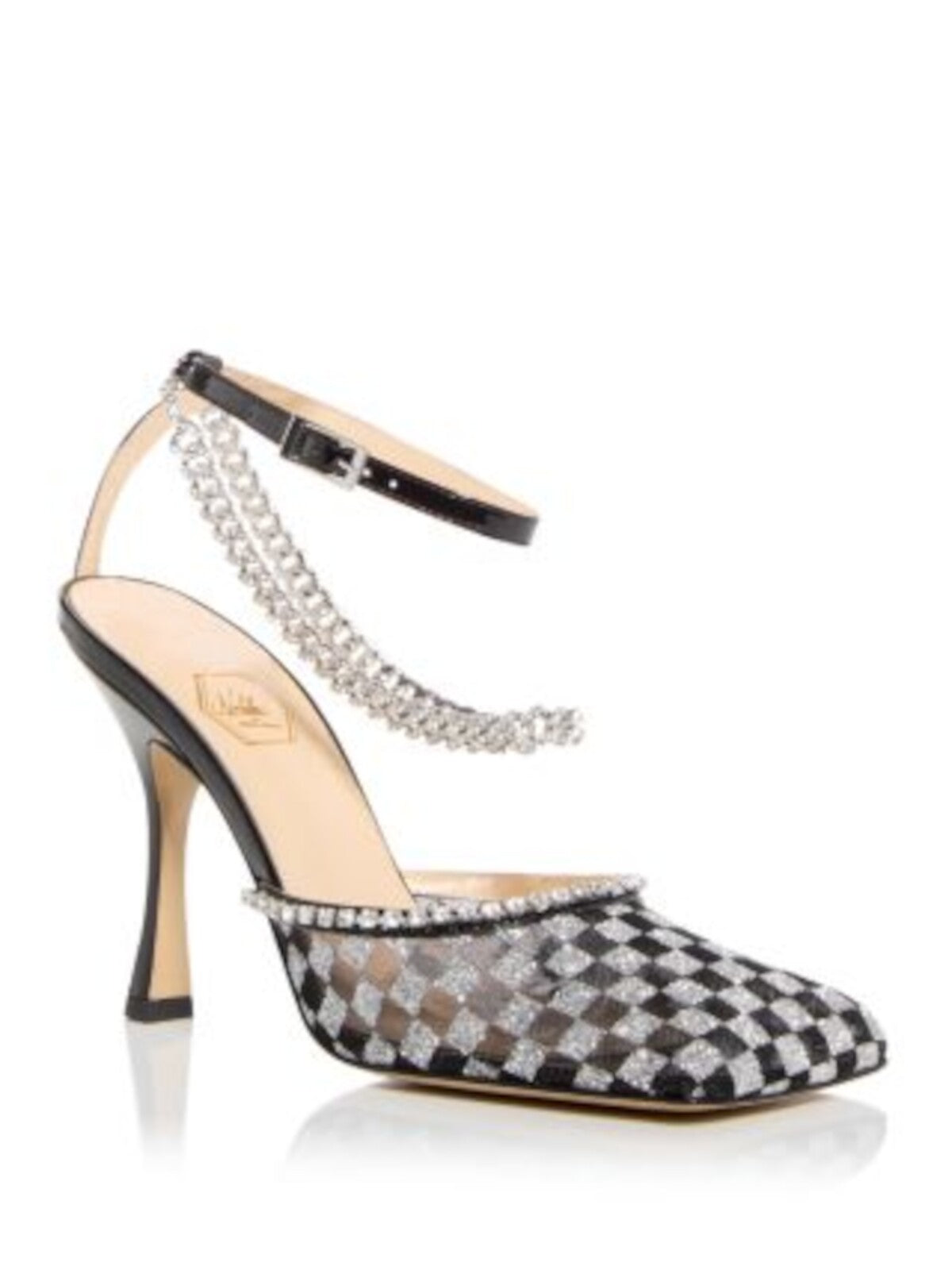 NALEBE Womens Black Mixed Media Crystal-Embellished Bracelet At Ankle Ankle Strap Padded Stellar Square Toe Stiletto Buckle Dress Pumps Shoes 39