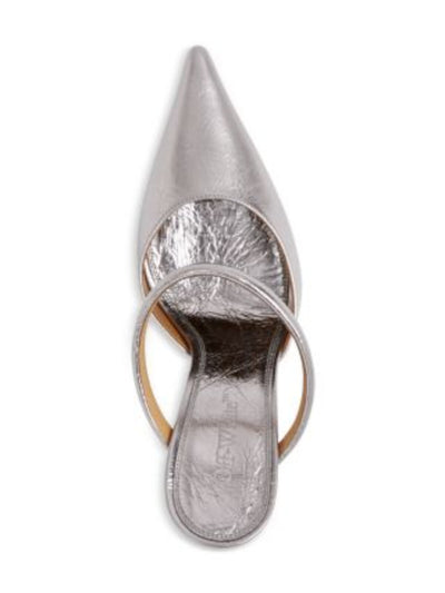 OFF WHITE Womens Silver Solid Metallic Strappy Padded Lollipop Pointed Toe Sculpted Heel Slip On Leather Heeled Mules Shoes 37