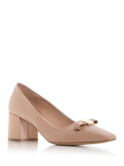 FERRAGAMO Womens Beige Logo Hardware Bow Accent Padded Myra Royal Bow Square Toe Block Heel Slip On Leather Pumps Shoes 6.5 C