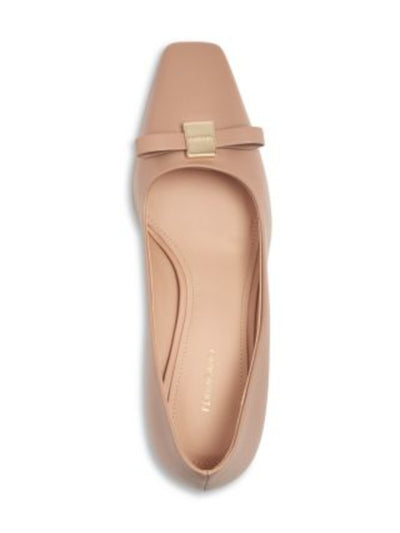 FERRAGAMO Womens Beige Logo Hardware Bow Accent Padded Myra Royal Bow Square Toe Block Heel Slip On Leather Pumps Shoes 6