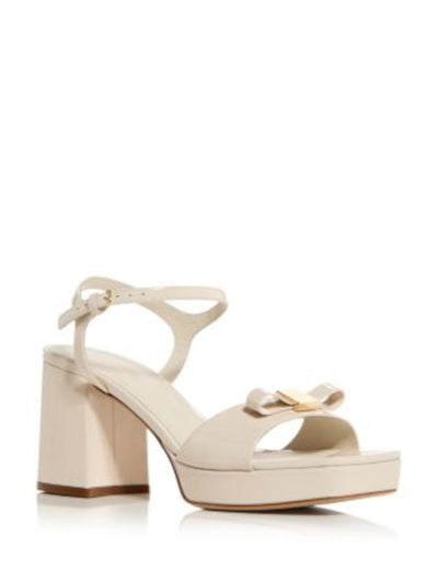 FERRAGAMO Womens Ivory Padded Logo Hardware Ankle Strap Bow Accent Marika Square Toe Block Heel Buckle Leather Dress Heeled Sandal 6.5