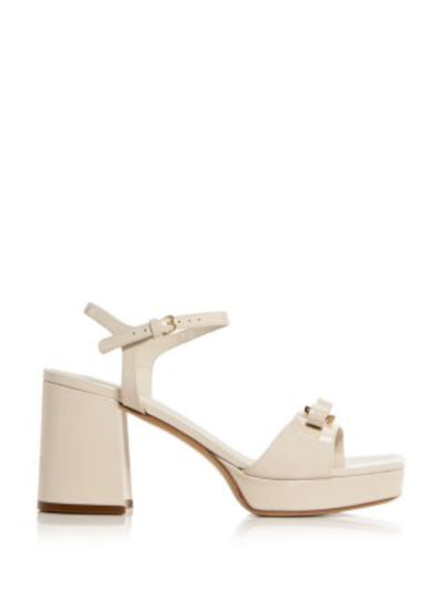 FERRAGAMO Womens Ivory Padded Logo Hardware Ankle Strap Bow Accent Marika Square Toe Block Heel Buckle Leather Dress Heeled Sandal 7.5 C
