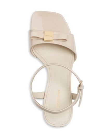FERRAGAMO Womens Ivory Padded Logo Hardware Ankle Strap Bow Accent Marika Square Toe Block Heel Buckle Leather Dress Heeled Sandal 6.5